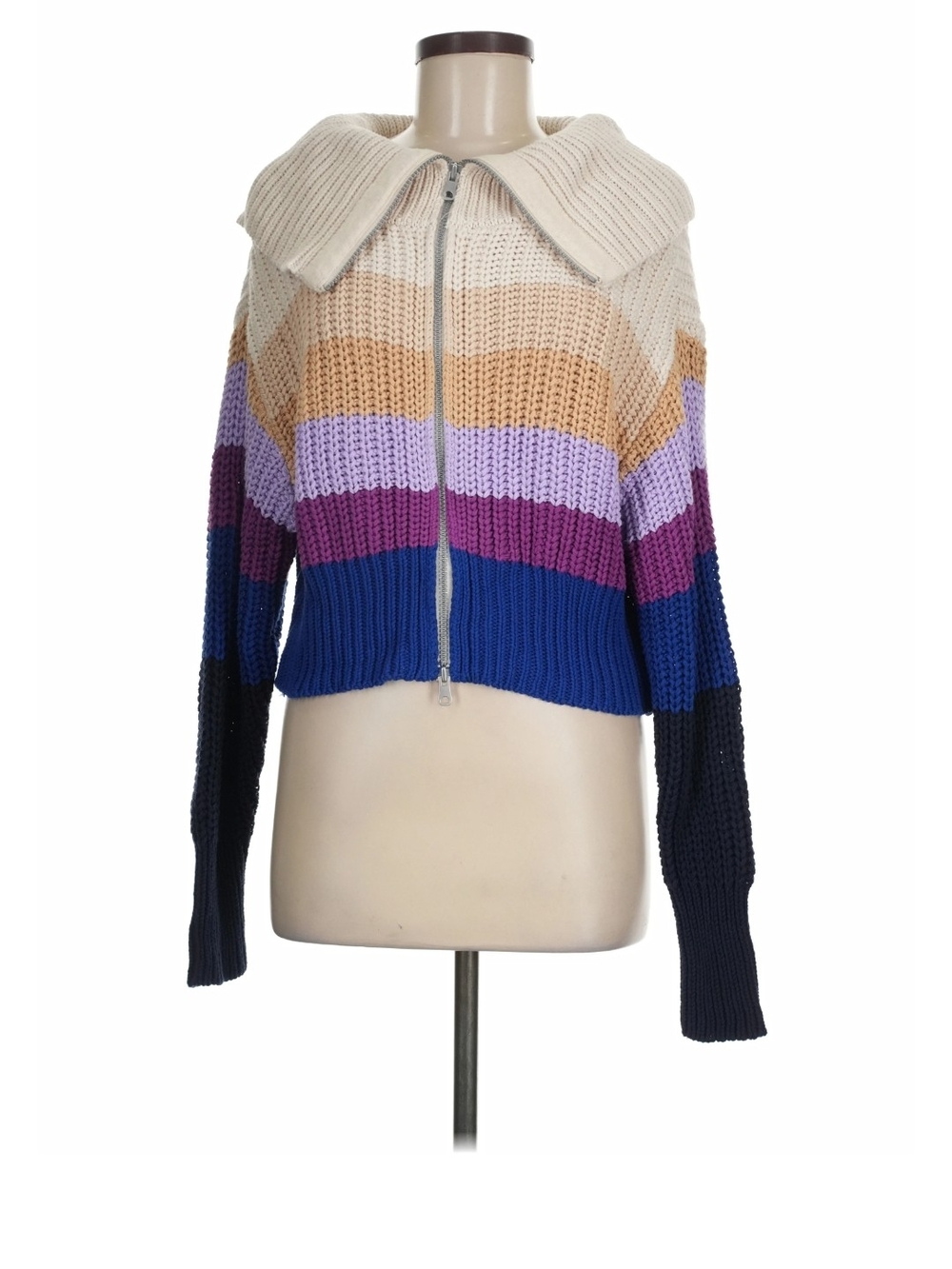 aerie Striped Zip-Up Cardigan in Cream, Tan, Purple & Blue